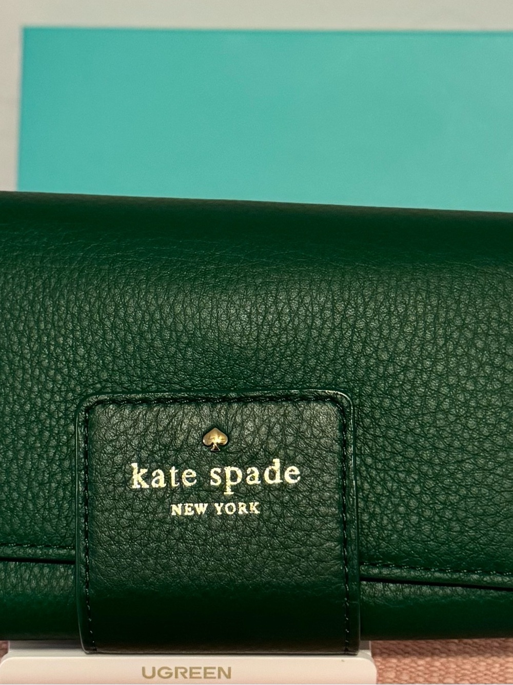 kate spade Deep Green Pebbled Leather Wallet with Gold Logo